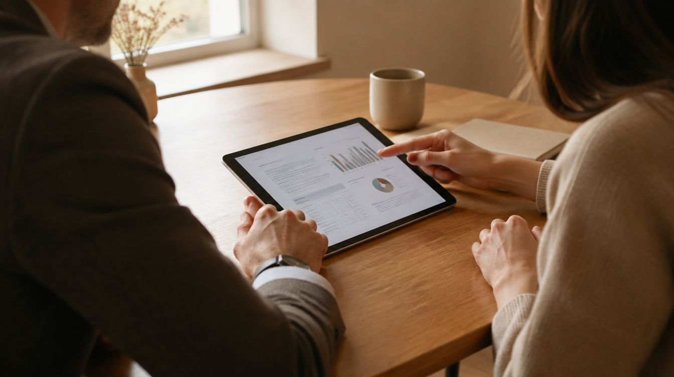 Beratungsgespräch am Tisch: Angebot wird gemeinsam auf dem Tablet durchgesehen