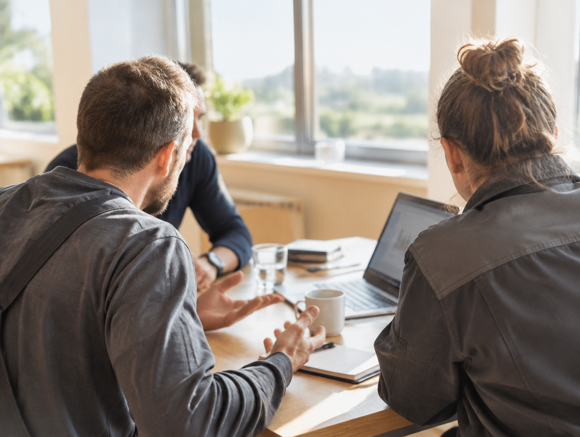 Kleine Gruppe im Workshop-Gespräch am Tisch